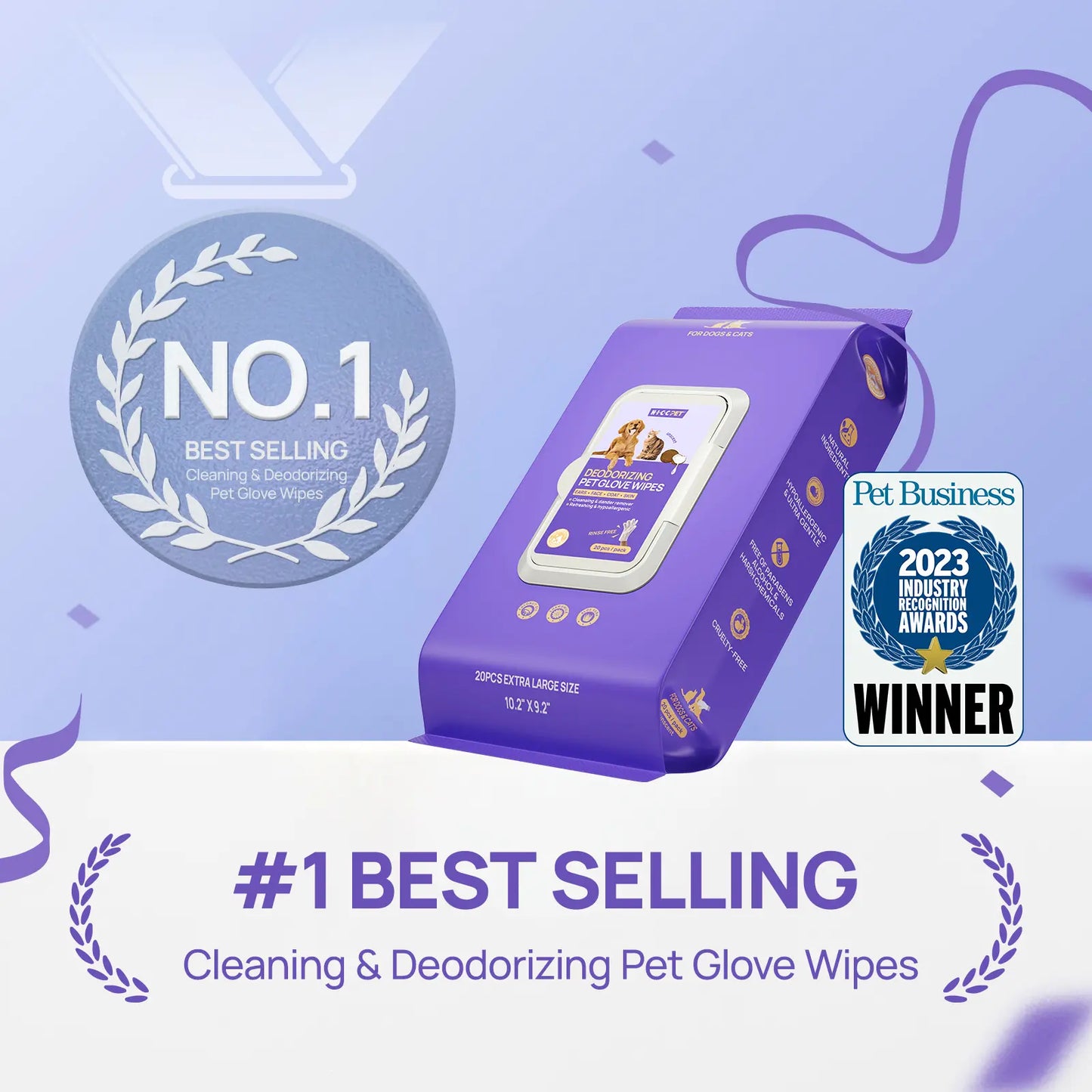 HICC PET Grooming Wipes (20 Count) – Hypoallergenic No-Rinse Pet Wipes for Dogs & Cats