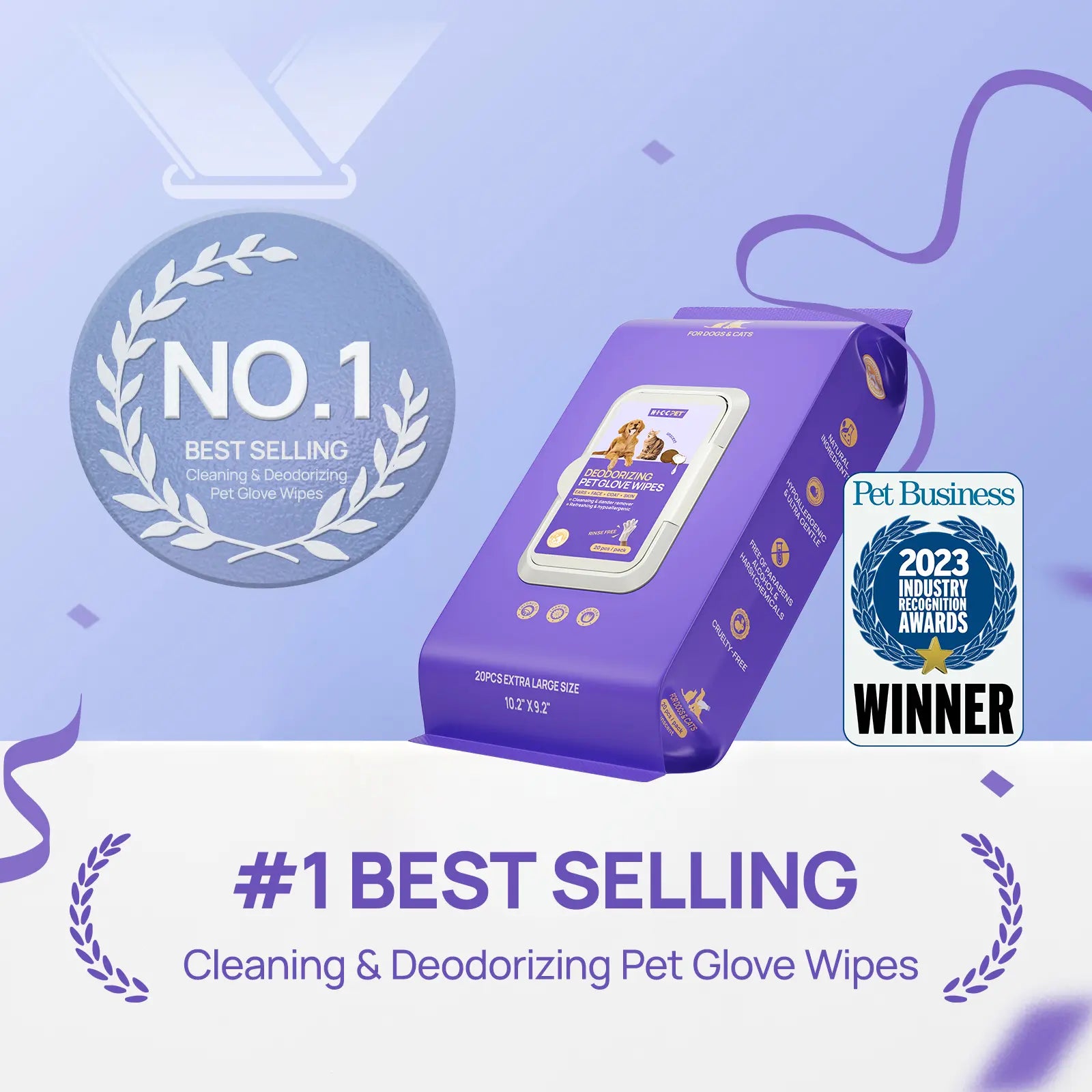 HICC PET Grooming Wipes (20 Count) – Hypoallergenic No-Rinse Pet Wipes for Dogs & Cats