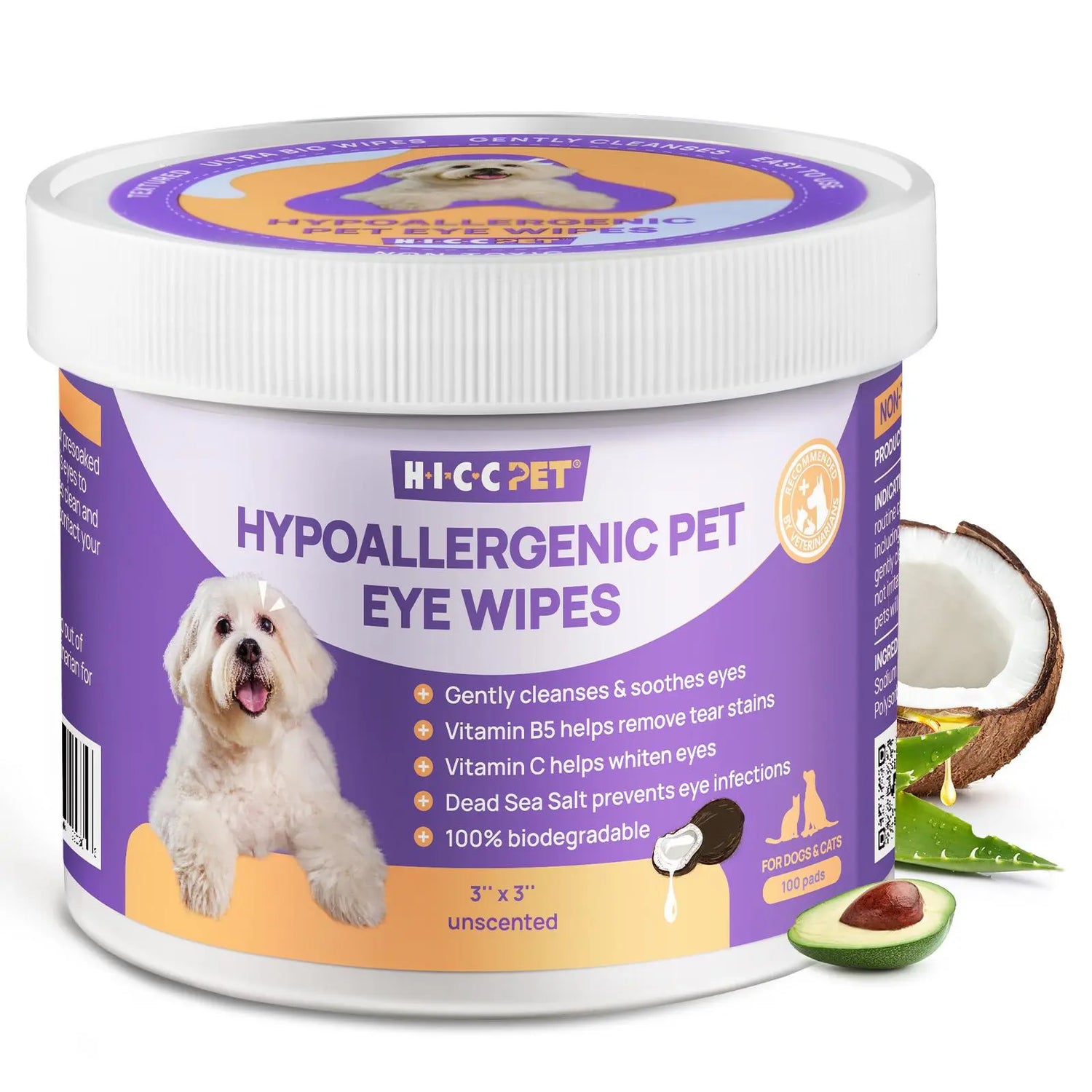 Hicc PET Tear Stain Remover & Prevention Wipes for Dogs - Hypoallergenic Unscented Eye Cleaner for Dogs