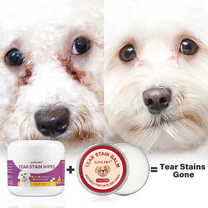 GJYC Pet Tear Stain Balm and Eye Wipes: Natural Plant-Based Cleaning and Care Kit for Cats and Dogs