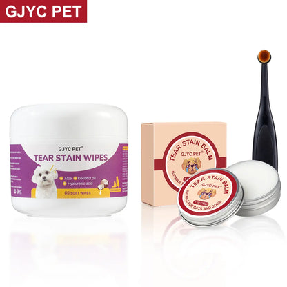 GJYC Pet Tear Stain Balm and Eye Wipes: Natural Plant-Based Cleaning and Care Kit for Cats and Dogs