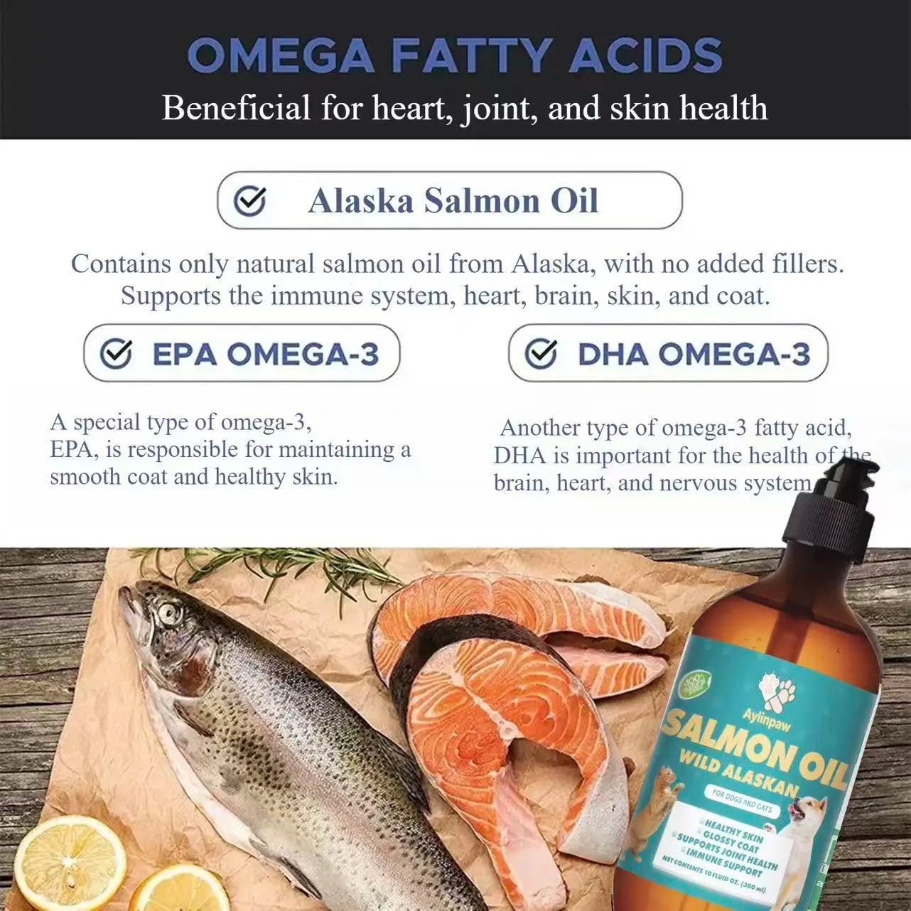 Aylinpaw Wild Alaskan Salmon Oil for Dogs & Cats – Natural Omega-3 (EPA & DHA) Supplement for Healthy Skin, Shiny Coat, Itch Relief & Joint Support