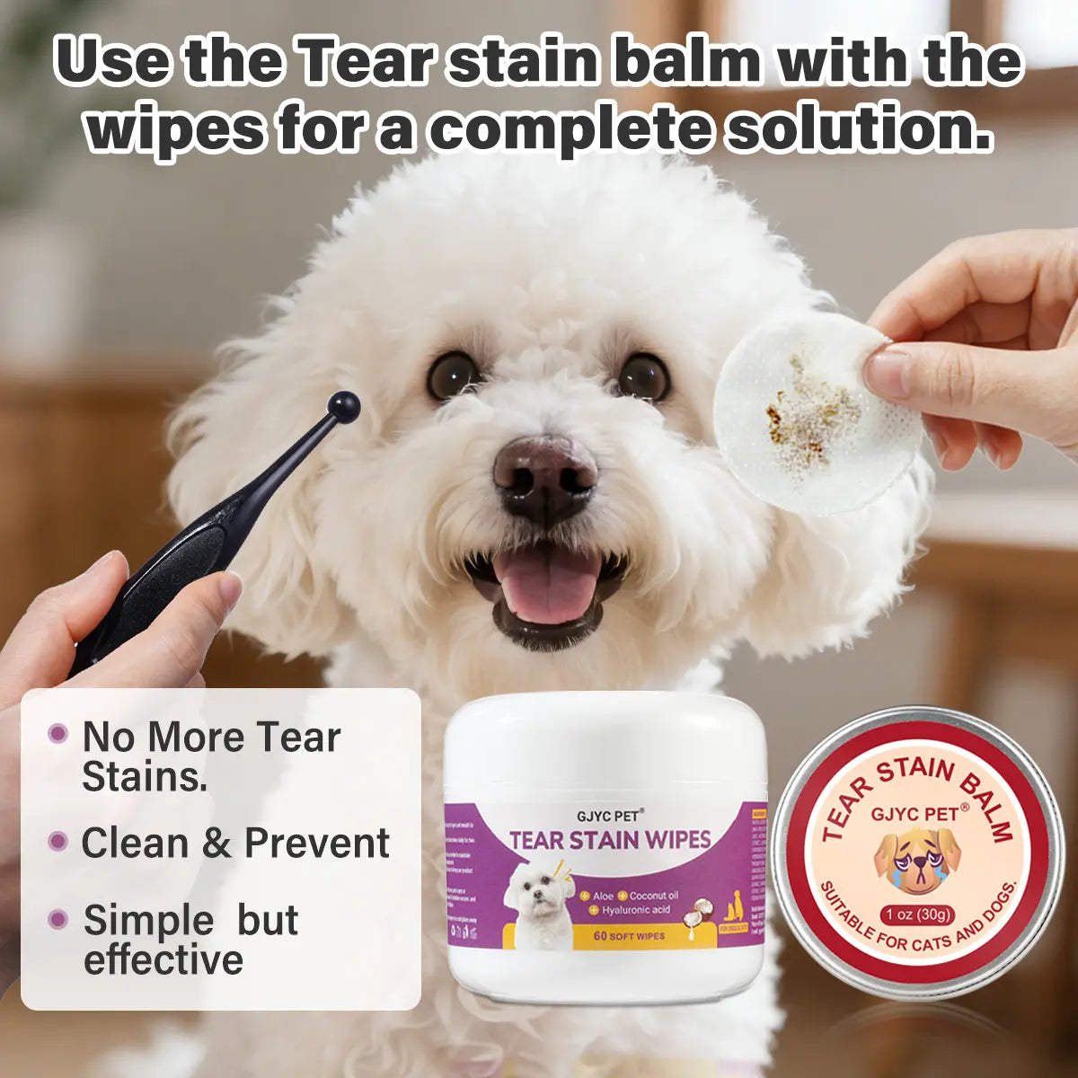 GJYC Pet Tear Stain Balm and Eye Wipes: Natural Plant-Based Cleaning and Care Kit for Cats and Dogs