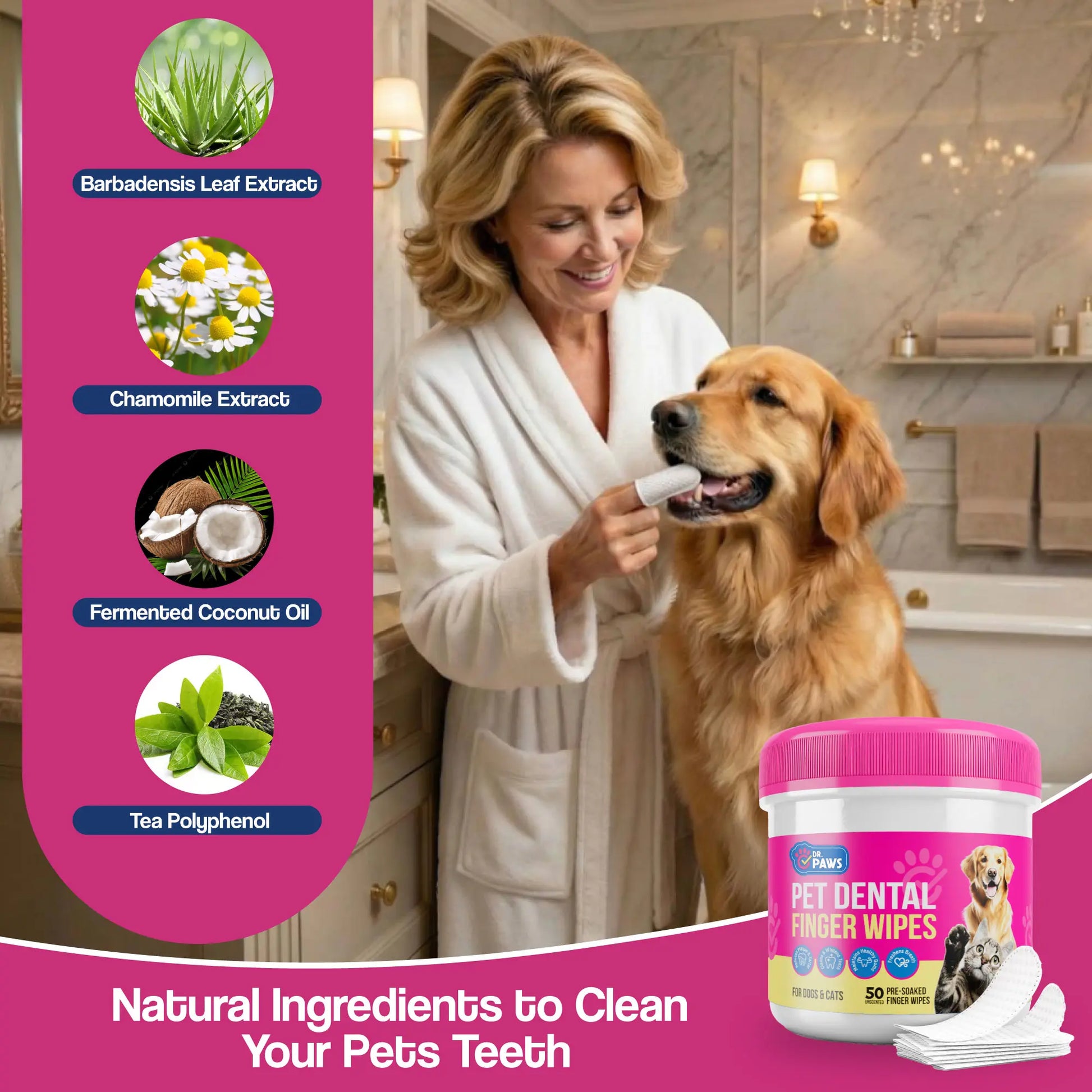 Dr. Paws Pet Care Finger Wipes for Dogs & Cats – No-Rinse Dental, Ear & Eye Cleaning Wipes, Hypoallergenic Grooming Wipes for Plaque, Tear Stains & Ear Wax Removal