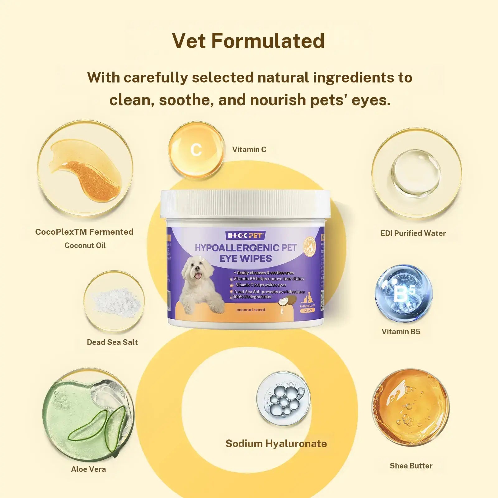 Hicc PET Tear Stain Remover & Prevention Wipes for Dogs - Hypoallergenic Unscented Eye Cleaner for Dogs