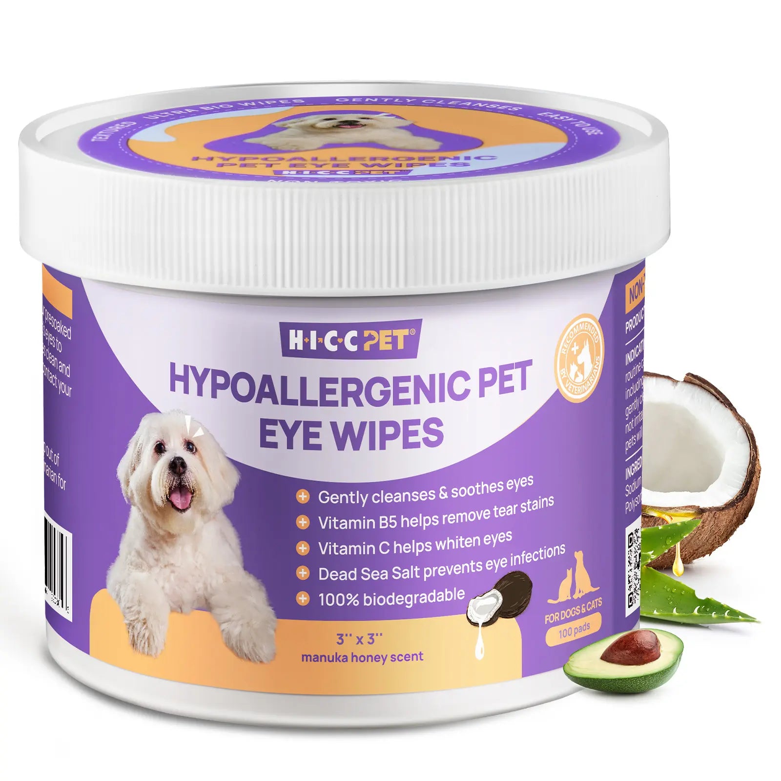 Hicc PET Tear Stain Remover & Prevention Wipes for Dogs - Hypoallergenic Unscented Eye Cleaner for Dogs