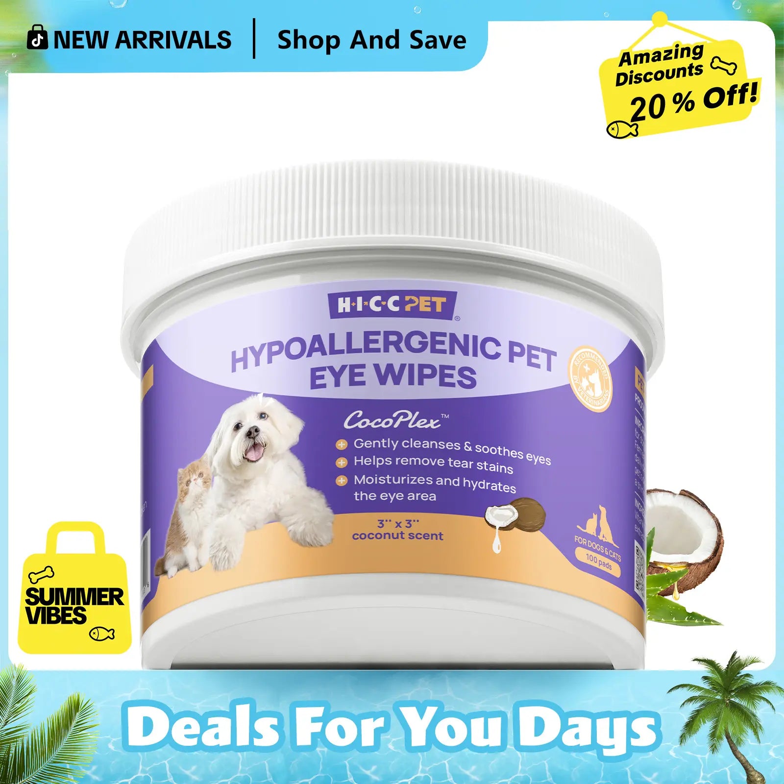 Hicc PET Tear Stain Remover & Prevention Wipes for Dogs - Hypoallergenic Unscented Eye Cleaner for Dogs