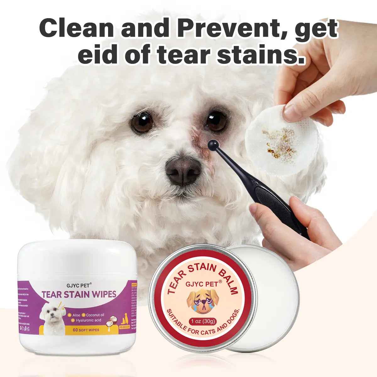 GJYC Pet Tear Stain Balm and Eye Wipes: Natural Plant-Based Cleaning and Care Kit for Cats and Dogs