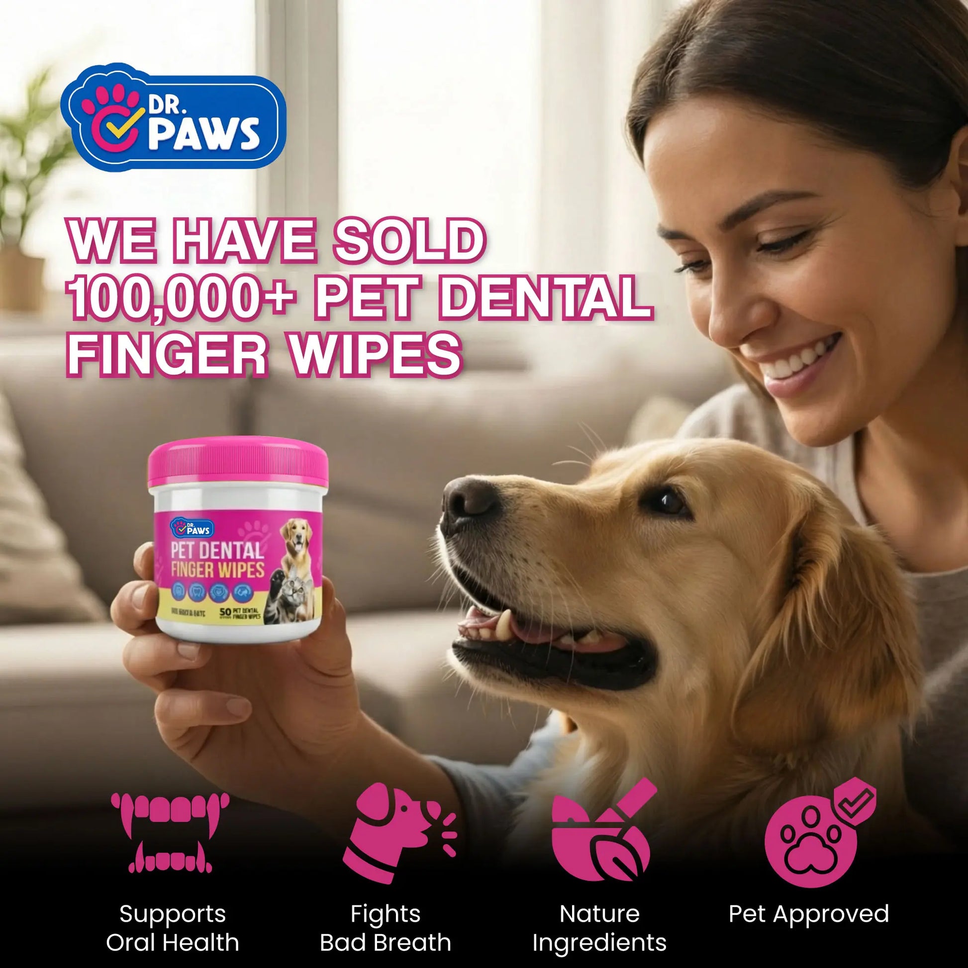 Dr. Paws Pet Care Finger Wipes for Dogs & Cats – No-Rinse Dental, Ear & Eye Cleaning Wipes, Hypoallergenic Grooming Wipes for Plaque, Tear Stains & Ear Wax Removal
