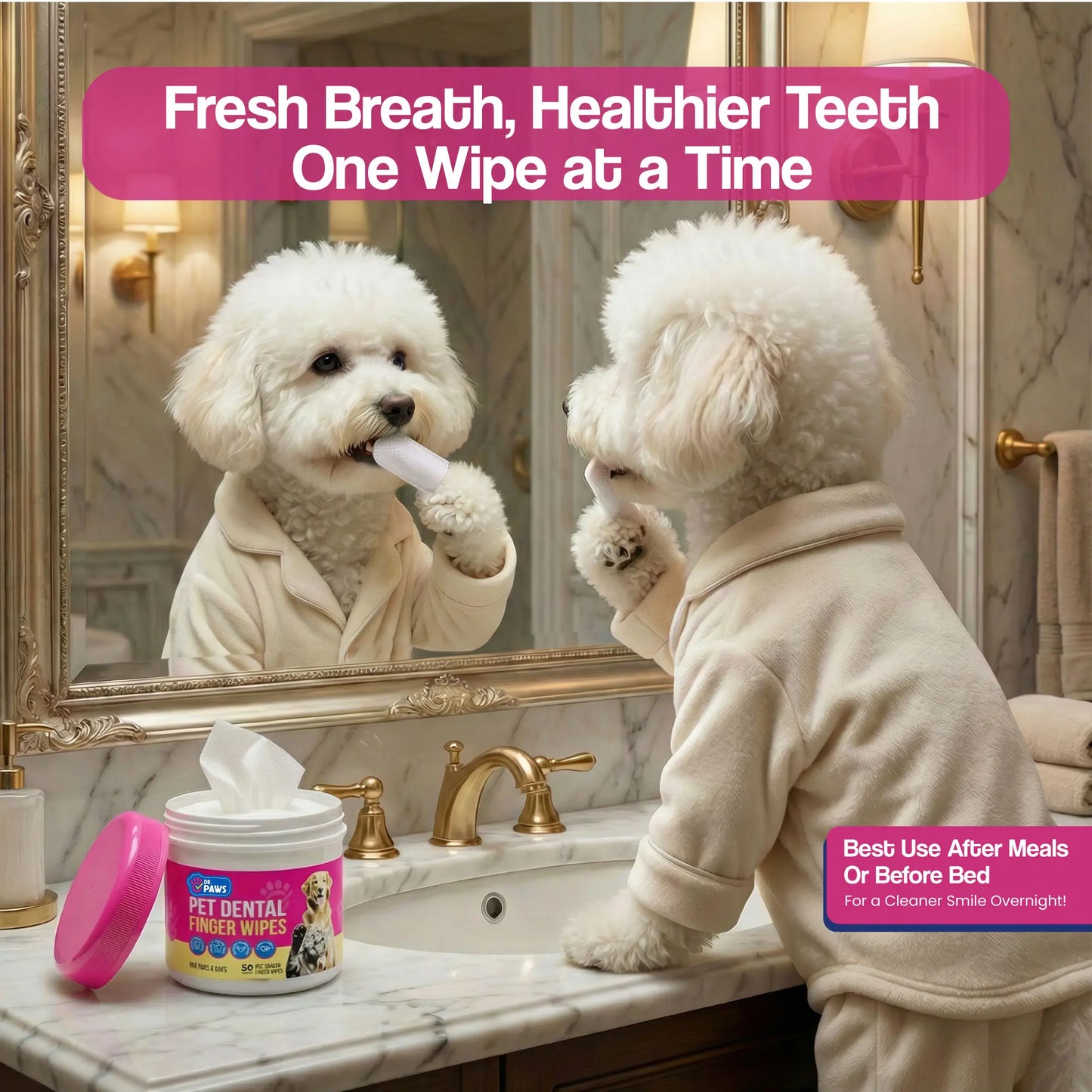 Dr. Paws Pet Care Finger Wipes for Dogs & Cats – No-Rinse Dental, Ear & Eye Cleaning Wipes, Hypoallergenic Grooming Wipes for Plaque, Tear Stains & Ear Wax Removal