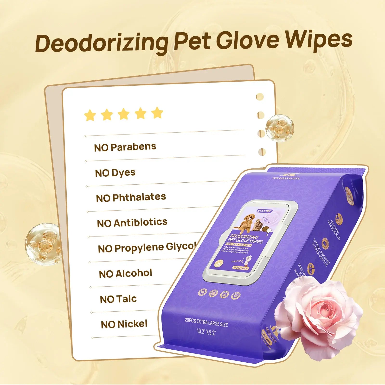 HICC PET Grooming Wipes (20 Count) – Hypoallergenic No-Rinse Pet Wipes for Dogs & Cats
